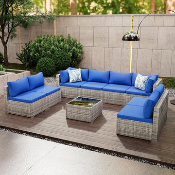 9-Piece Outdoor Wicker Patio Conversation Set with Glass Table
