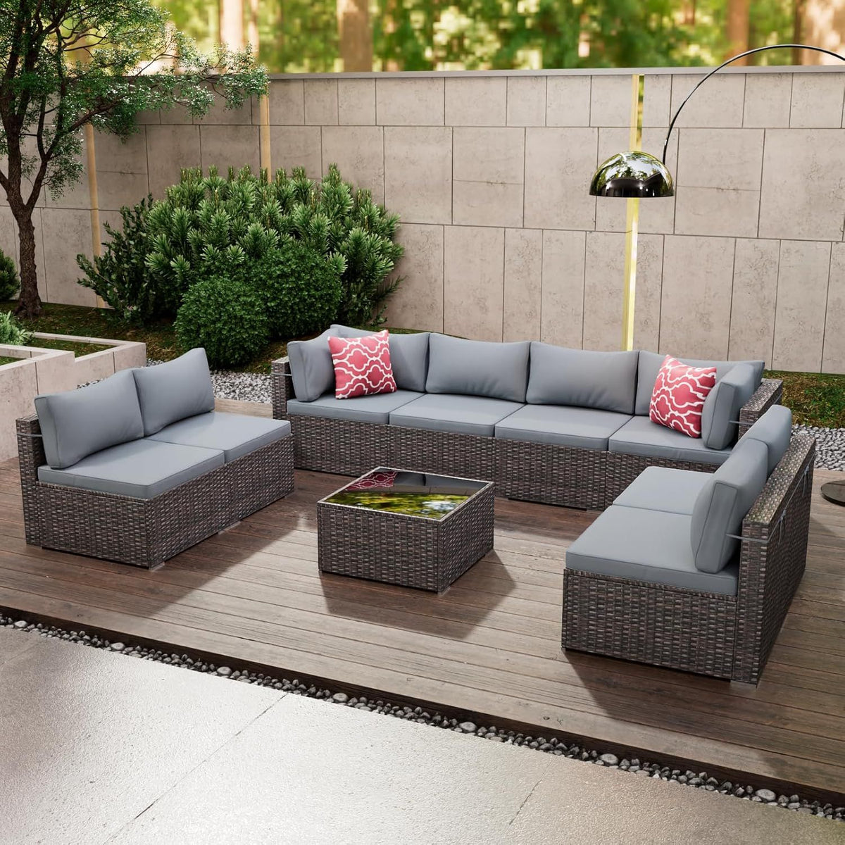 9-Piece Outdoor Wicker Patio Conversation Set with Glass Table - Brown base & grey cushion