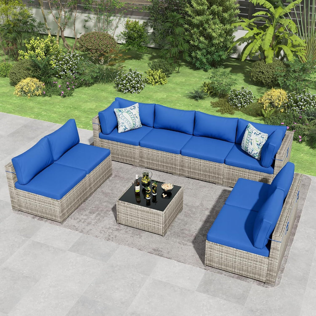 9-Piece Outdoor Wicker Patio Conversation Set with Glass Table