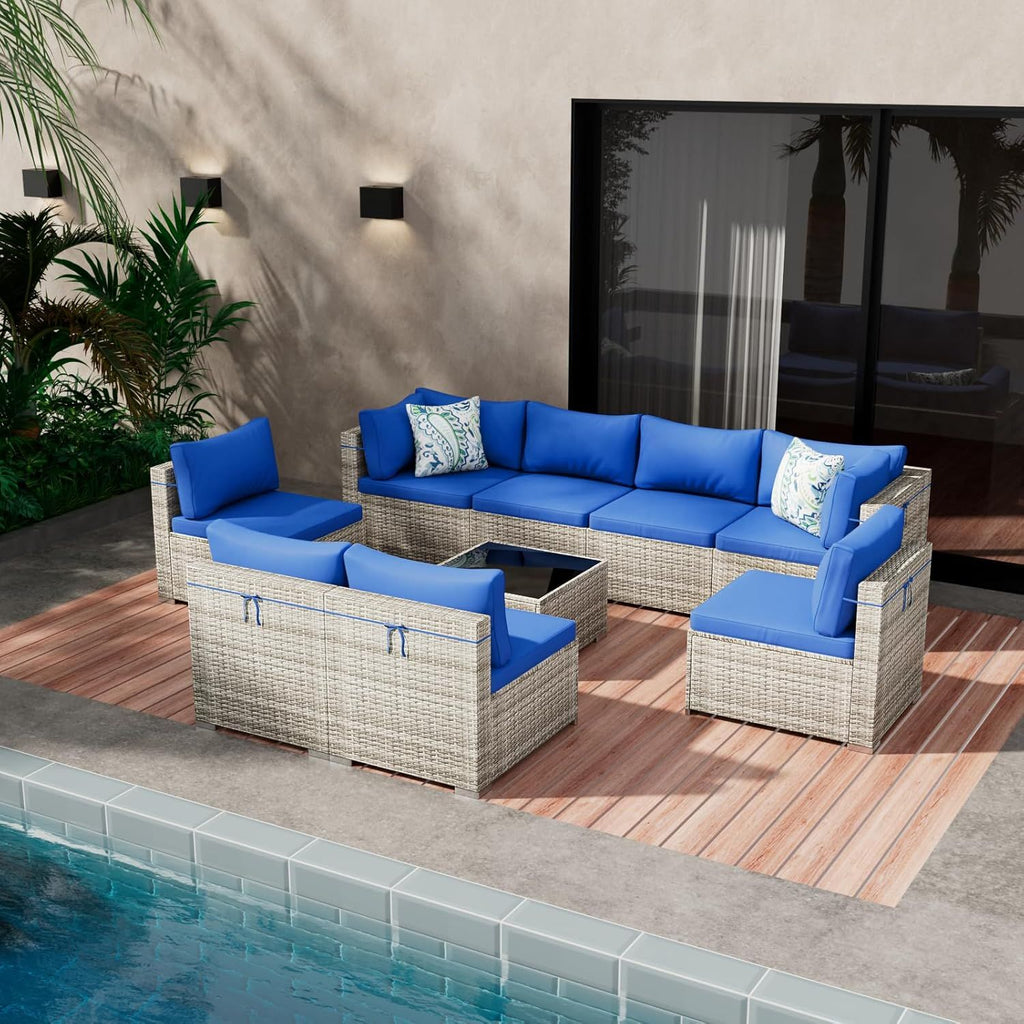 9-Piece Outdoor Wicker Patio Conversation Set with Glass Table