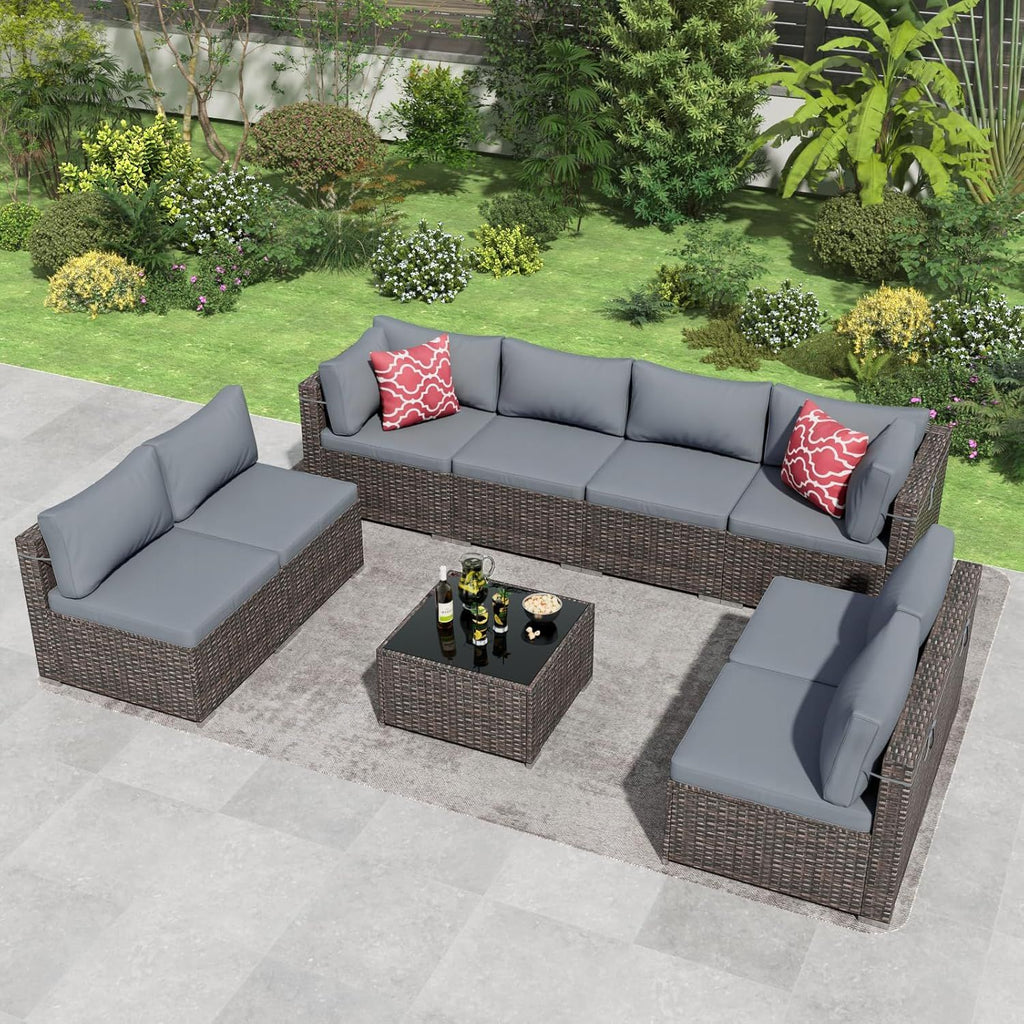 9-Piece Outdoor Wicker Patio Conversation Set with Glass Table
