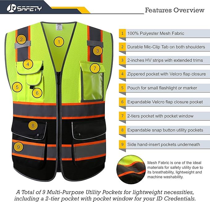 9-Pocket High Visibility Mesh Vest with Reflective Strip