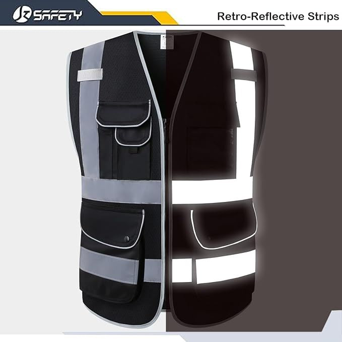 Nine-Pocket Black High-Visibility Reflective Vest