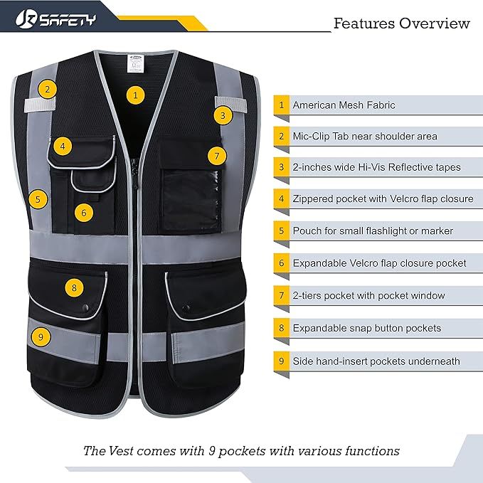 Nine-Pocket Black High-Visibility Reflective Vest