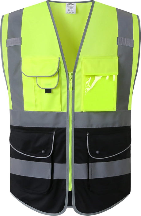 9 Pockets High Visible Reflective Safety Vest Zipper Front Breathable Lining, Yellow-Black Meets ANS