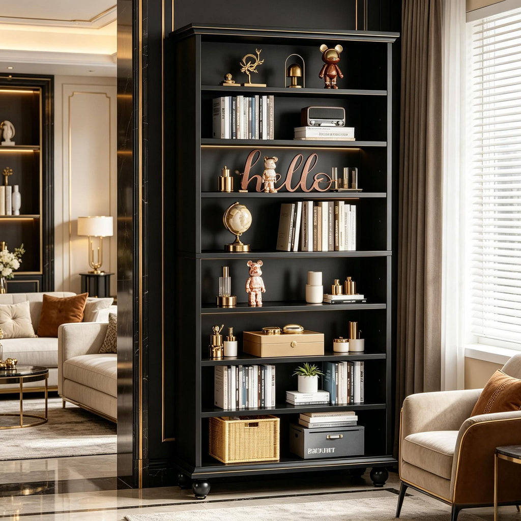Nine-Tier Bookcase with Adjustable Shelves and LED Lighting