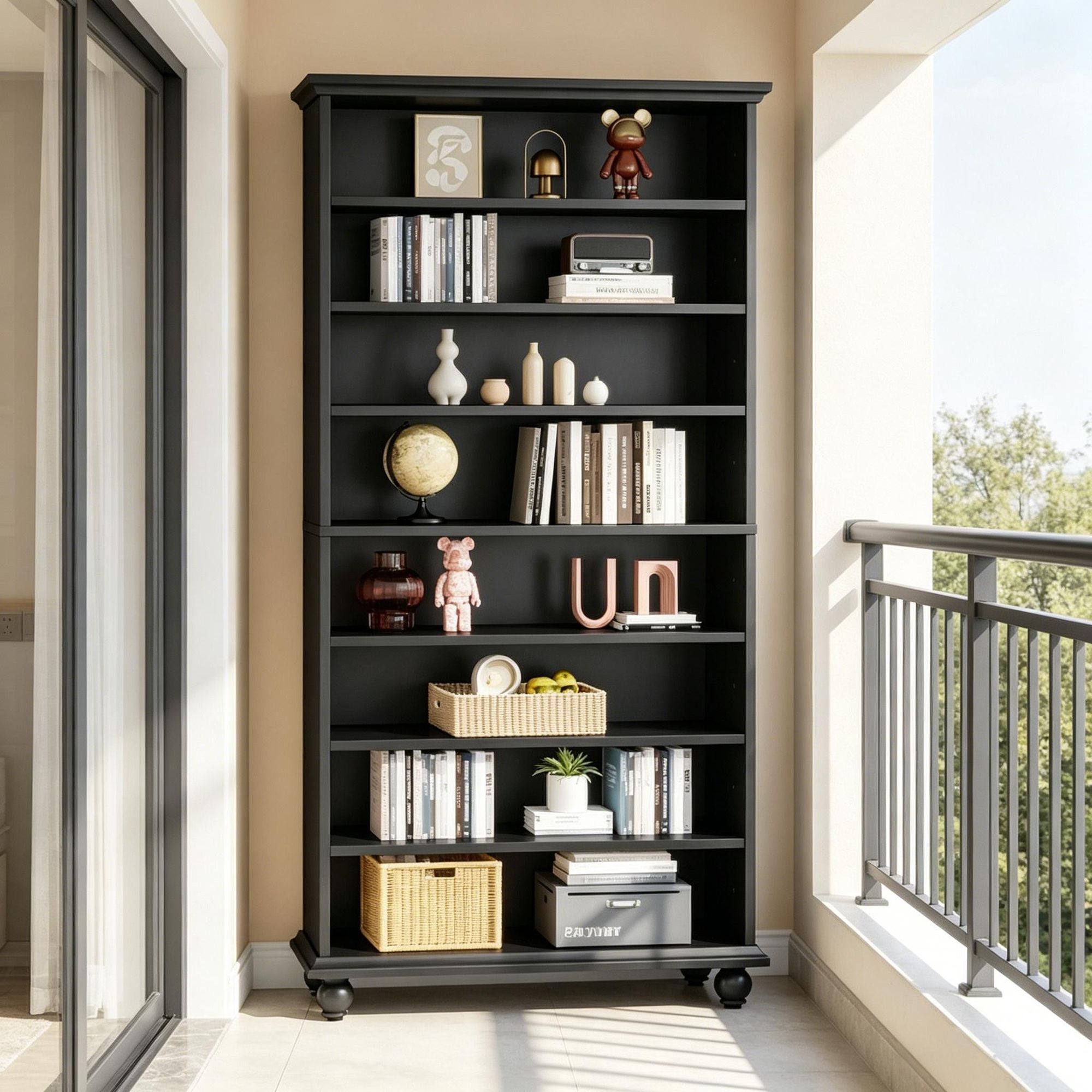 Nine-Tier Bookcase with Adjustable Shelves and LED Lighting