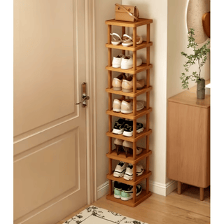9-Tier Stacked Shoe Rack Unit, Bamboo Square Shoes Organizer, Freestanding Storage Shelf