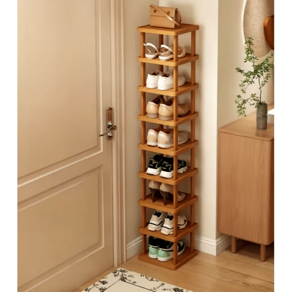 9-Tier Stacked Shoe Rack Unit, Bamboo Square Shoes Organizer, Freestanding Storage Shelf