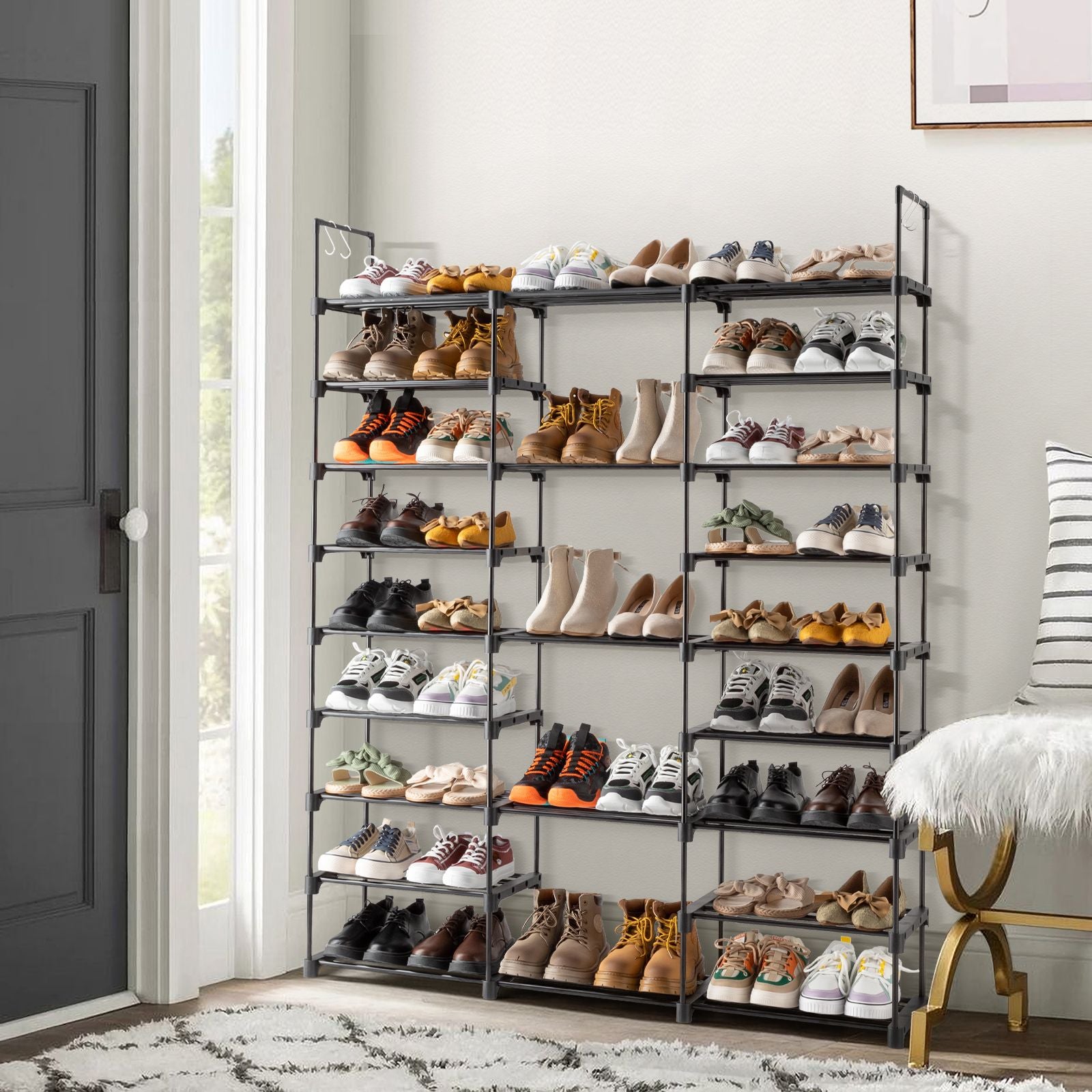 Versatile Multi-Tier Shoe Organizer with Hooks for Entryway & Closet