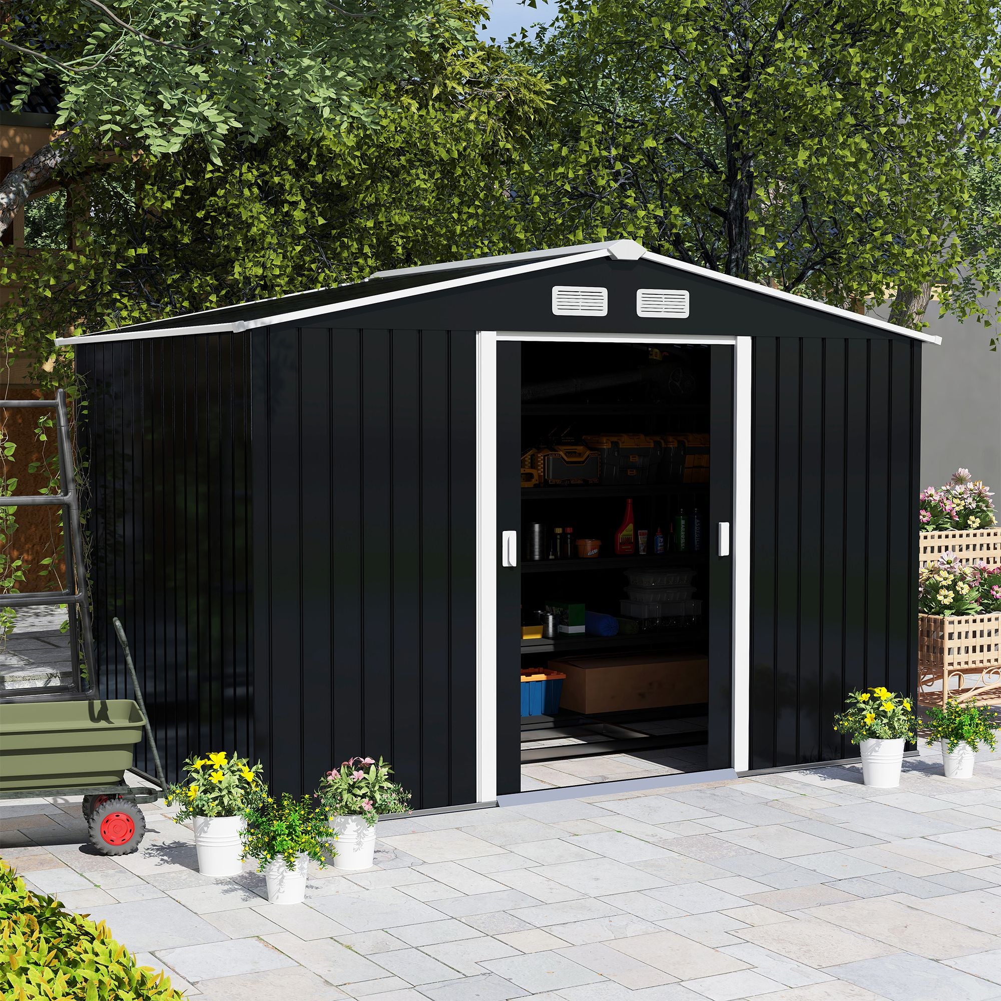 Spacious Metal Storage Shed with Sliding Doors and Vents