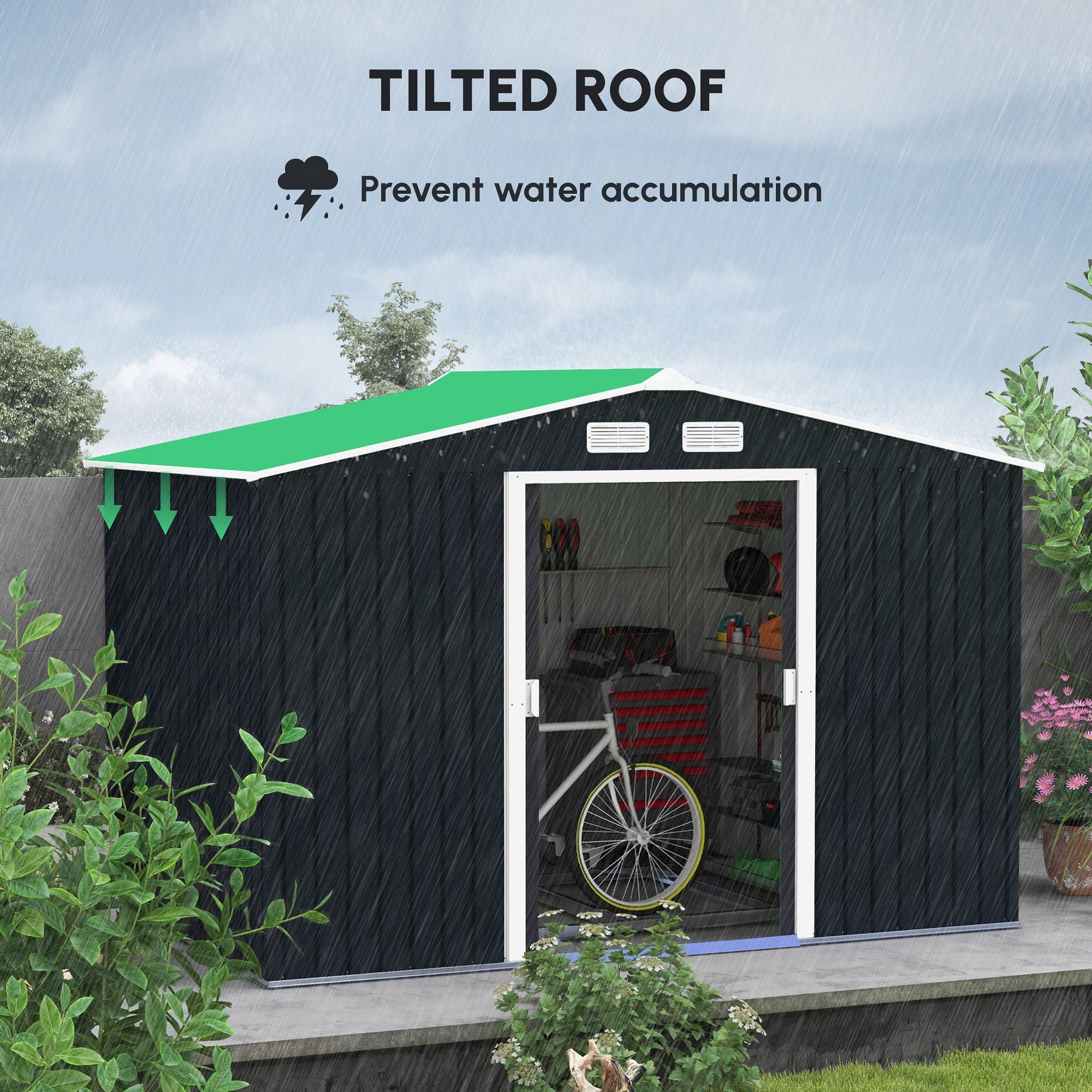 Spacious Metal Storage Shed with Sliding Doors and Vents