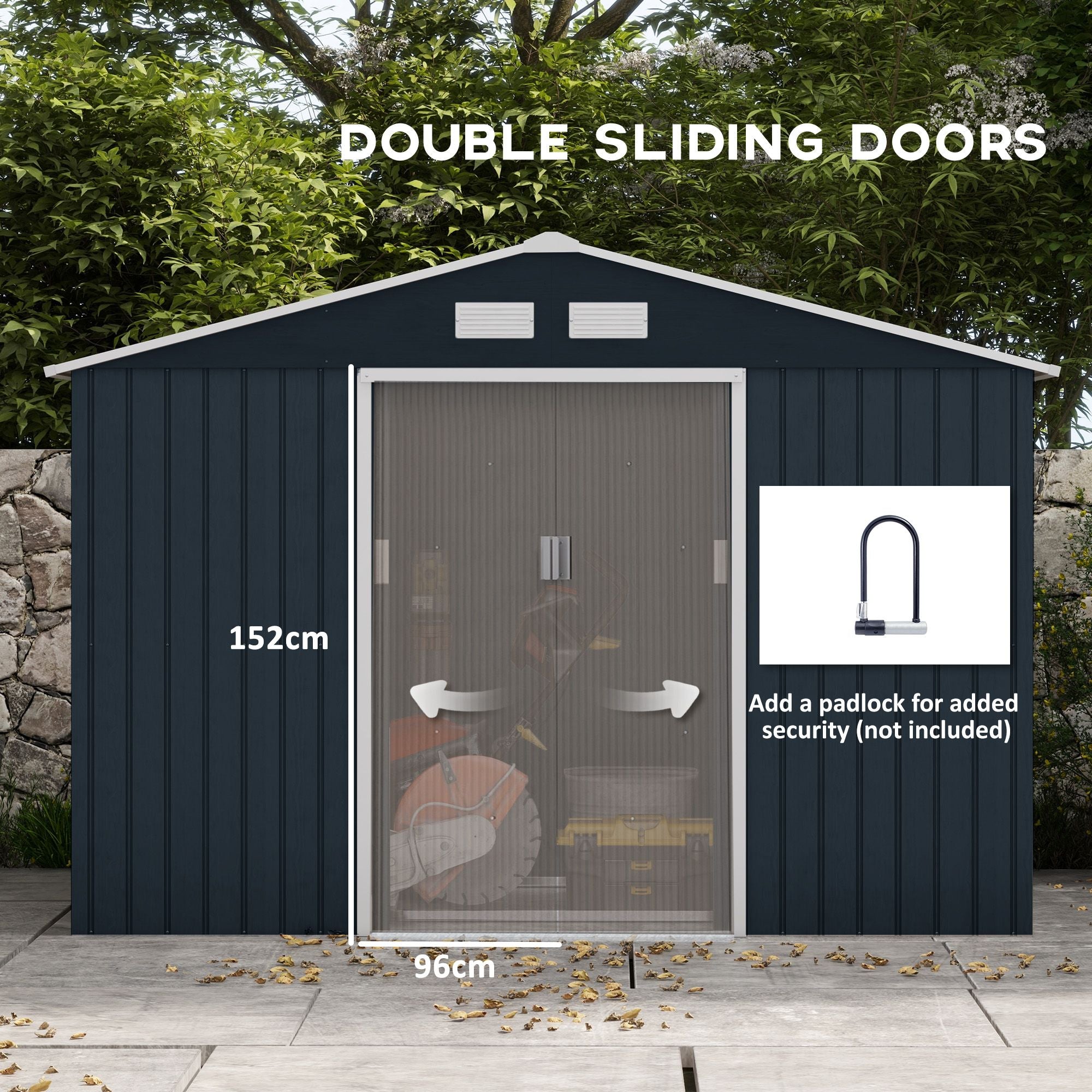 Spacious Metal Storage Shed with Sliding Doors and Vents