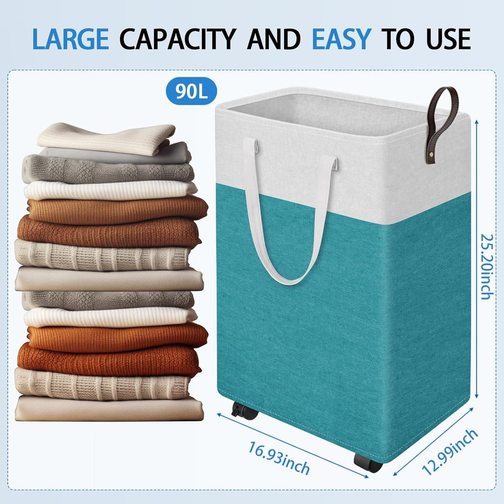 Collapsible Rolling Laundry Basket with Wheels and Handles for Bedroom or Dorm