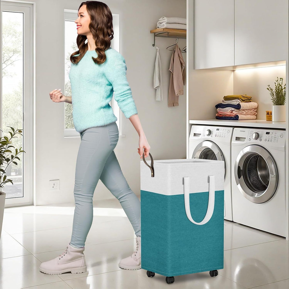 Collapsible Rolling Laundry Basket with Wheels and Handles for Bedroom or Dorm