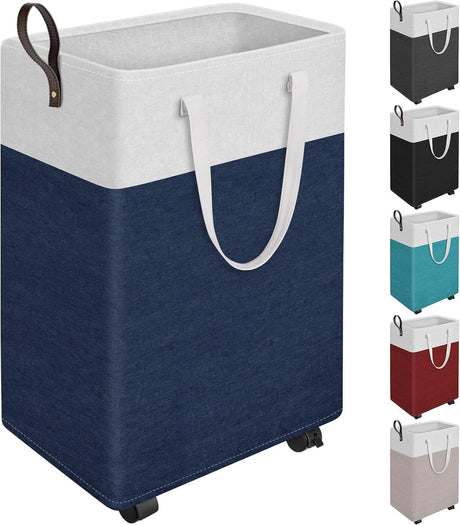 Blue Rolling Laundry Hamper with Extended Handles and Collapsible Design