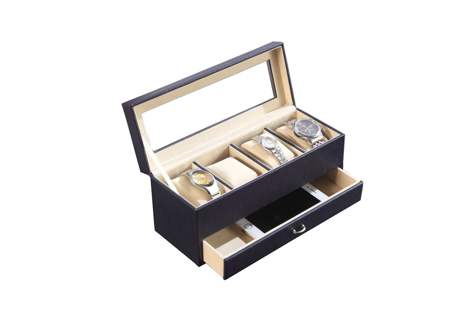 Navy Blue Jewelry and Watch Organizer with Drawers