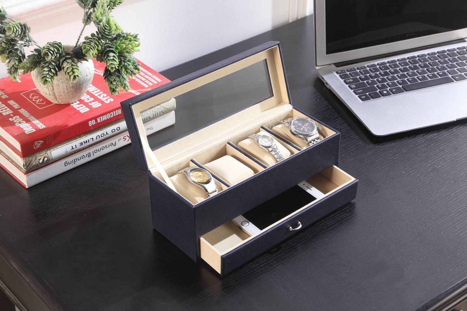 Navy Blue Jewelry and Watch Organizer with Drawers