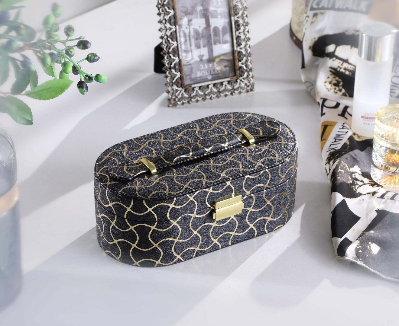 Gold Swirl Pattern Jewelry Organizer with Mirror and Multiple Compartments