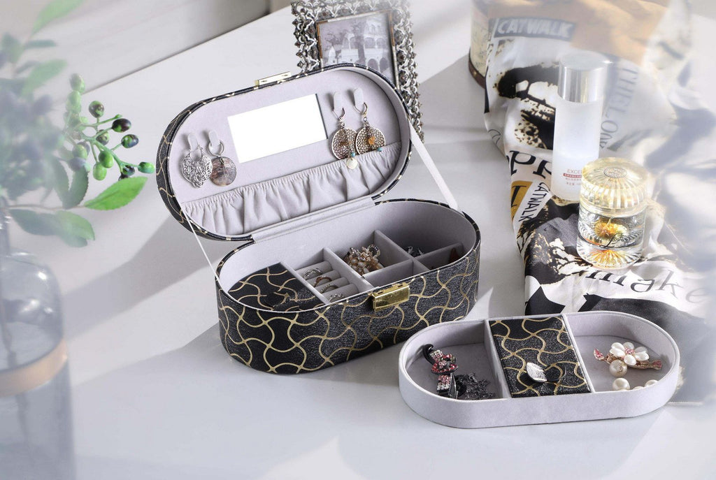 Gold Swirl Pattern Jewelry Organizer with Mirror and Multiple Compartments