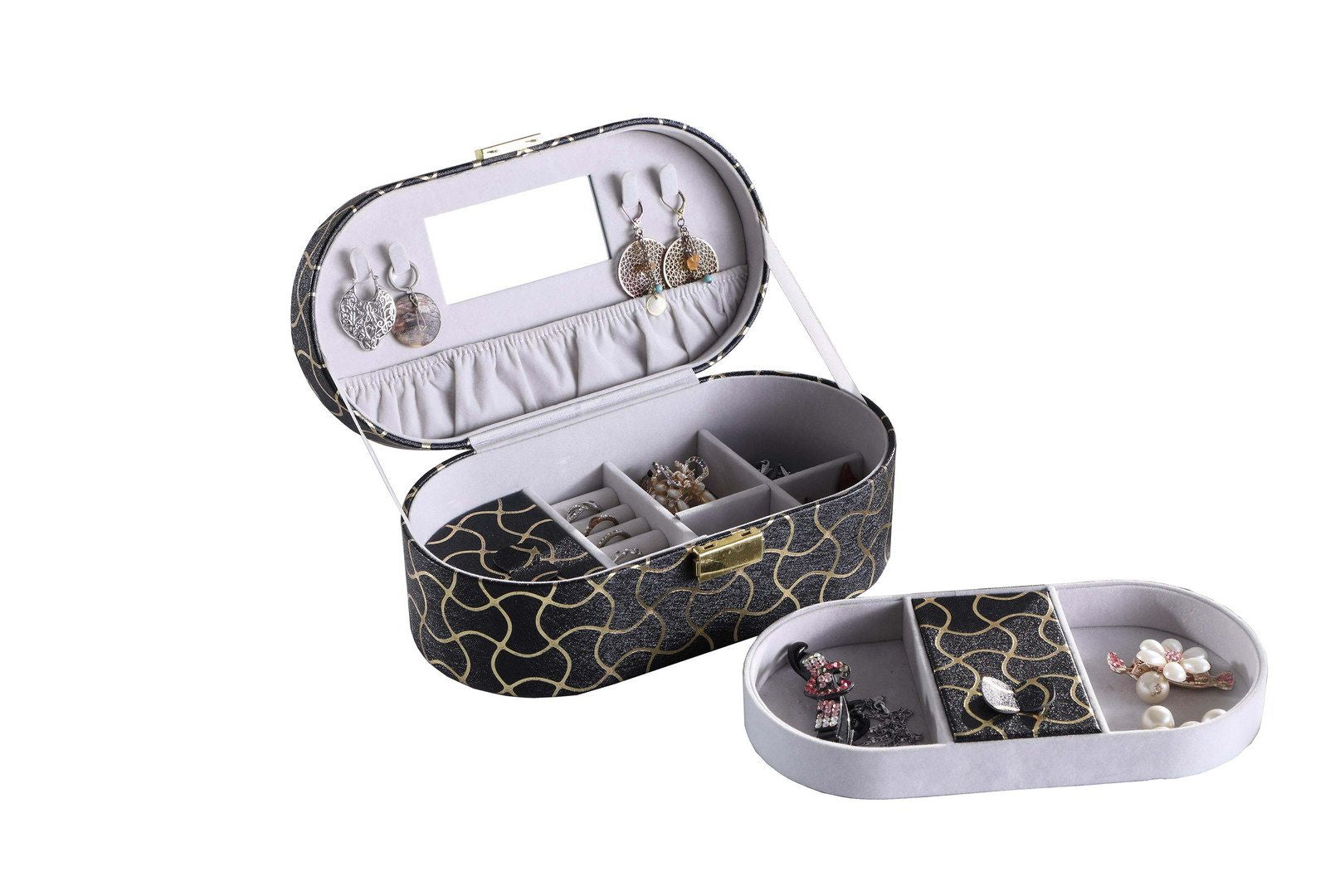 Gold Swirl Pattern Jewelry Organizer with Mirror and Multiple Compartments