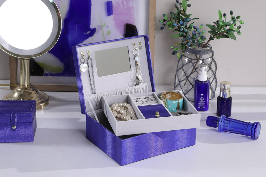 Azure Blue Jewelry Case with Hidden Storage and Mirror
