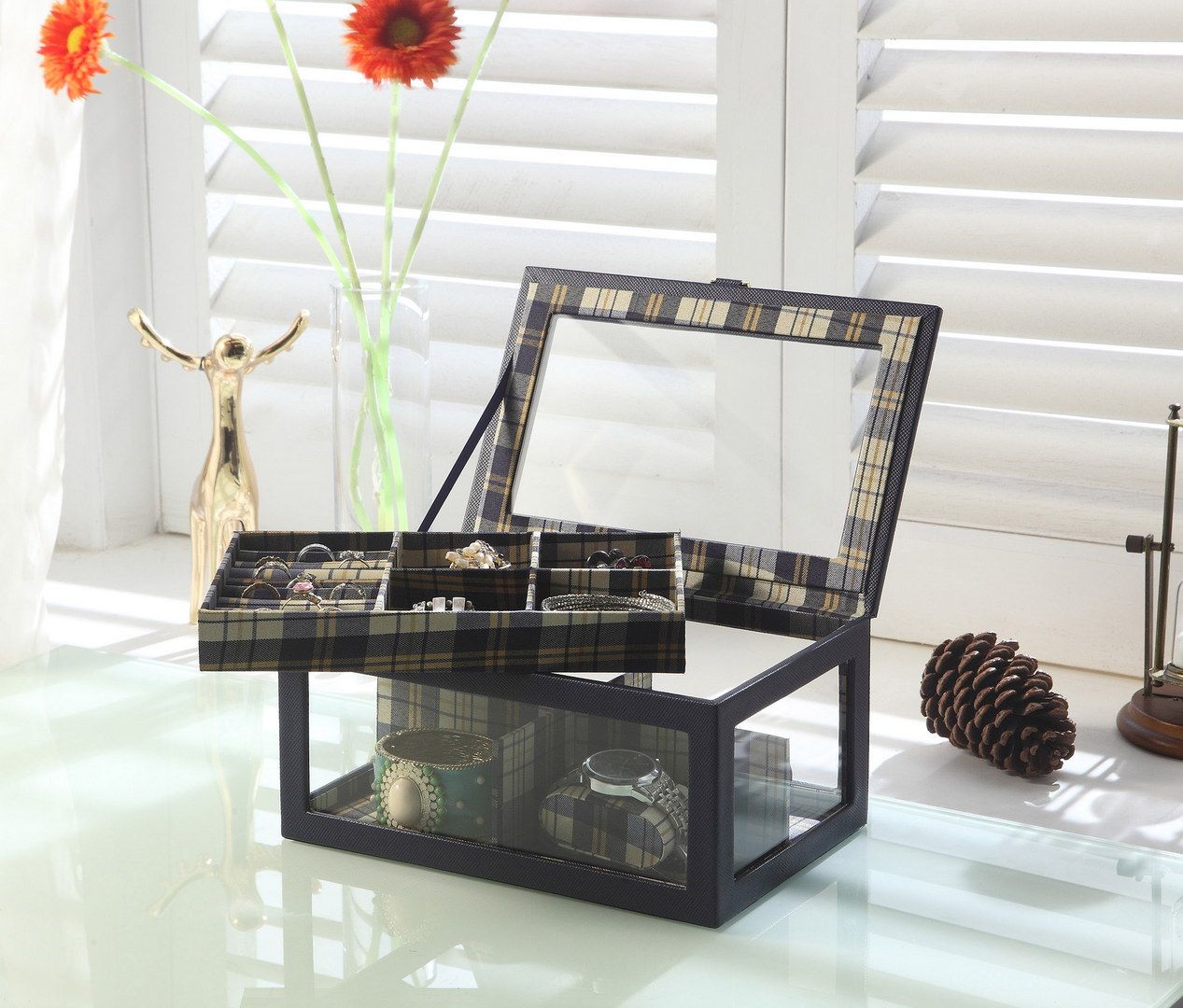 Jewelry and Watch Display Case with Clear Top and Multiple Storage Compartments
