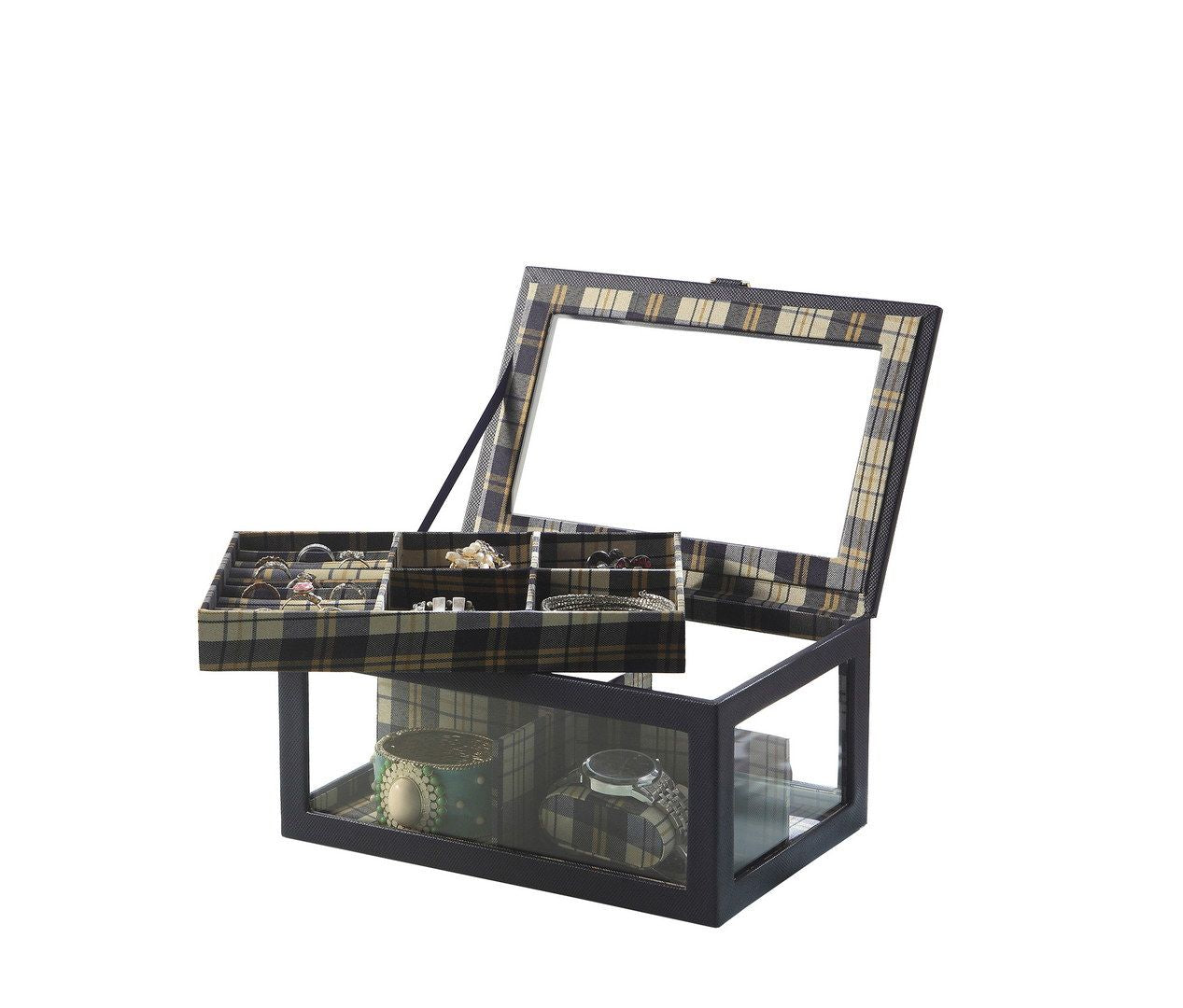 Jewelry and Watch Display Case with Clear Top and Multiple Storage Compartments