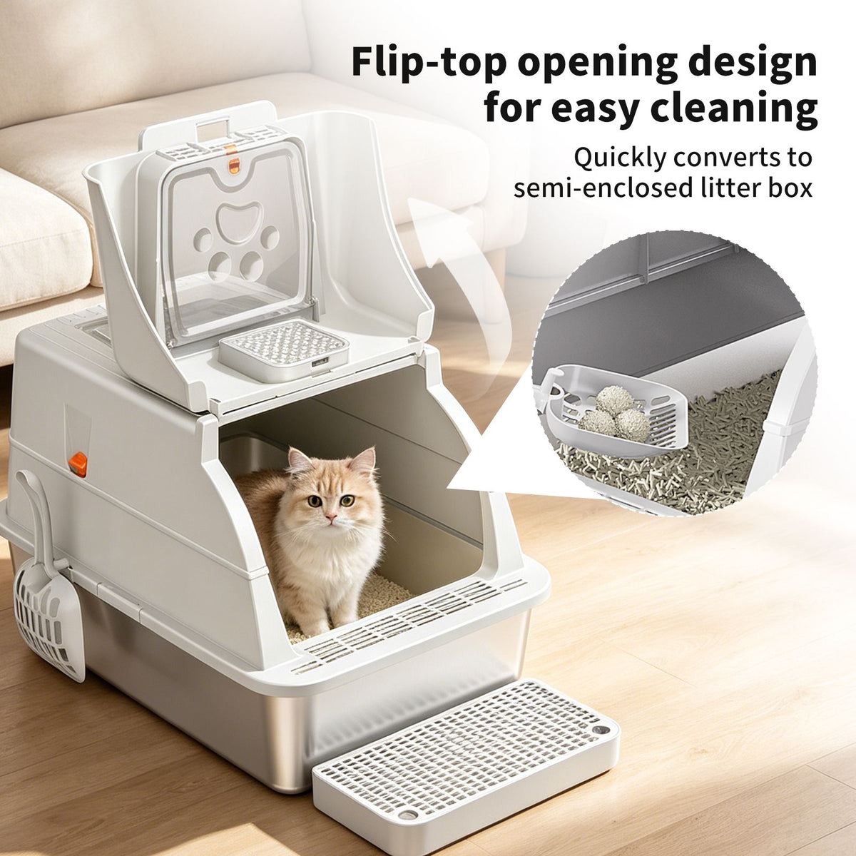 Flip-Top Cat Litter Box with Dual Entry
