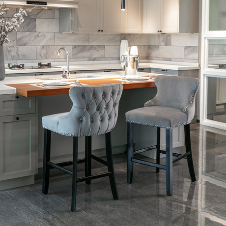 Modern Wing-Back Barstools with Nailhead Trim – Set of 2