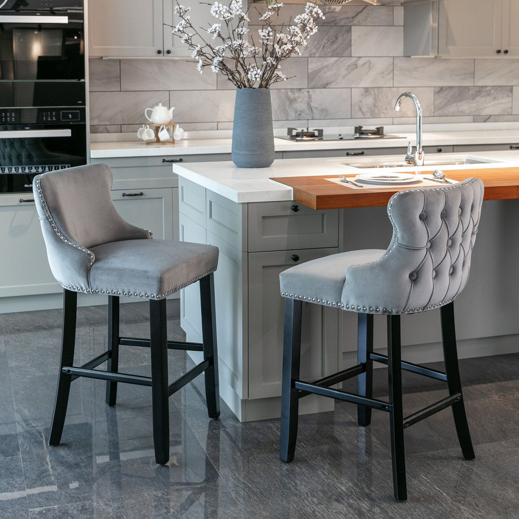 Modern Wing-Back Barstools with Nailhead Trim – Set of 2