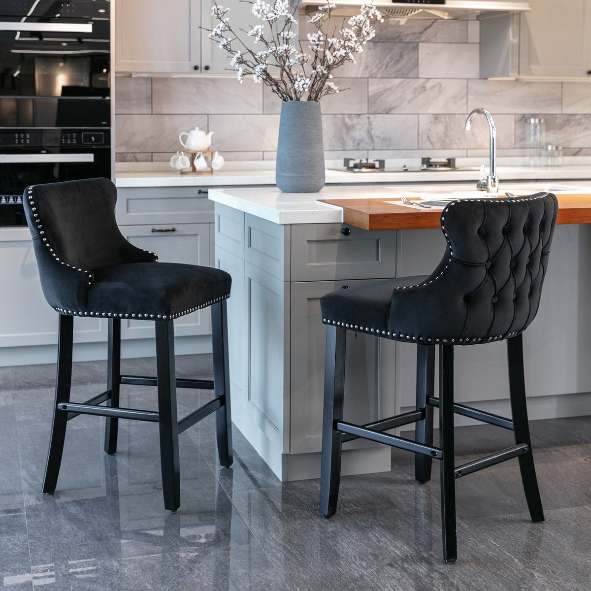 Set of 2 Contemporary Wing-Back Barstools with Decorative Nailhead Trim