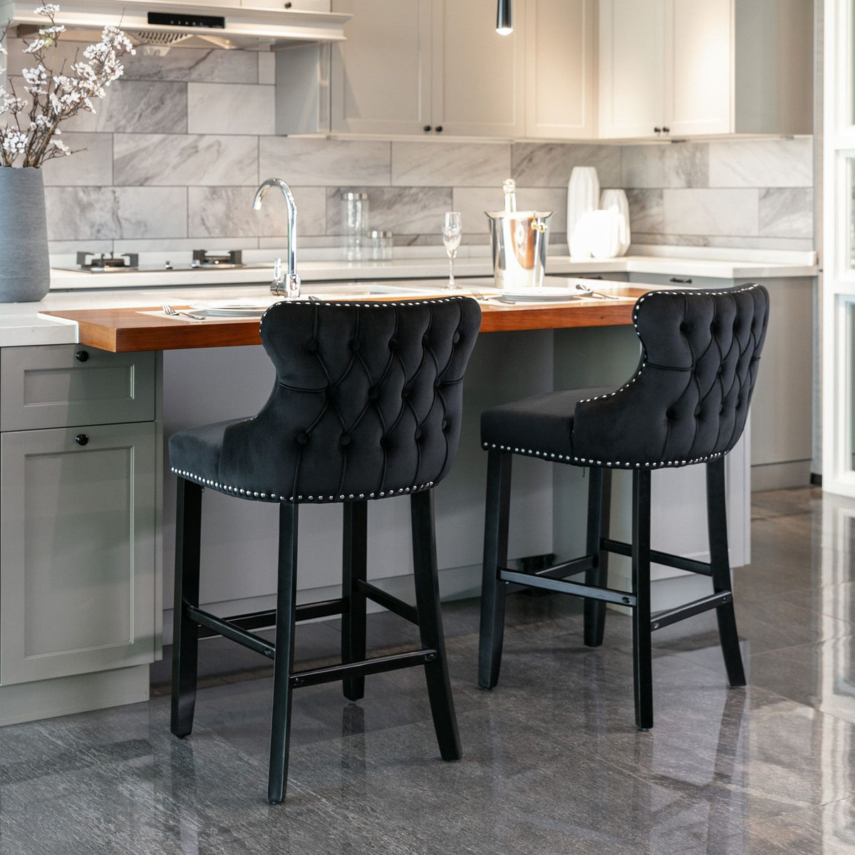 Set of 2 Contemporary Wing-Back Barstools with Decorative Nailhead Trim