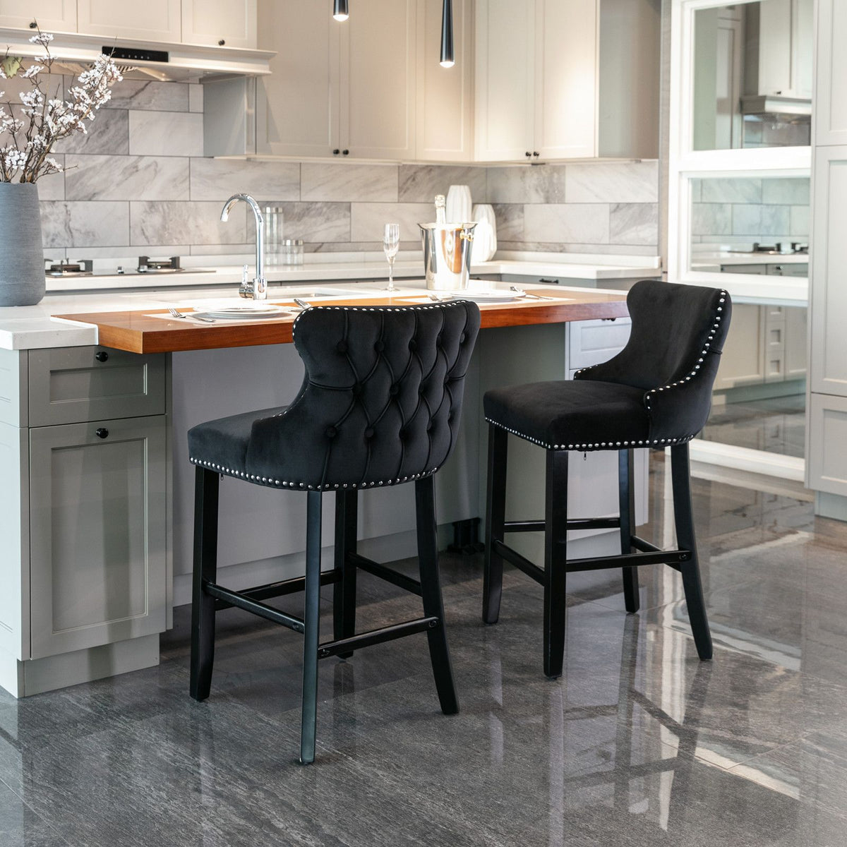 Set of 2 Contemporary Wing-Back Barstools with Decorative Nailhead Trim