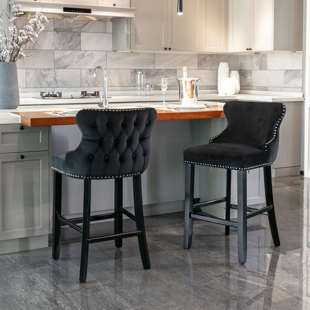 Set of 2 Contemporary Wing-Back Barstools with Decorative Nailhead Trim