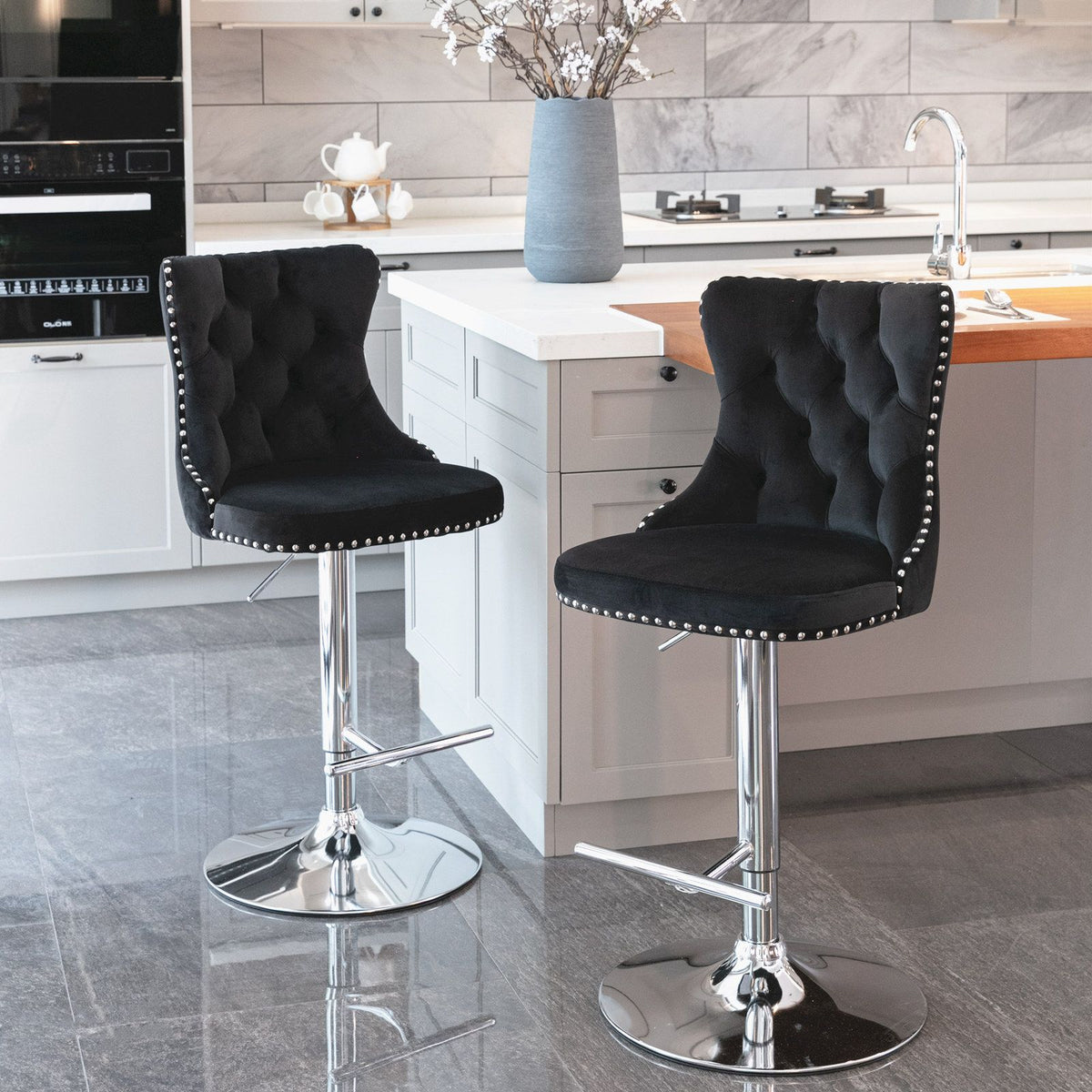 Modern Velvet Bar Stools with Adjustable Height and Chrome Base - Set of 2