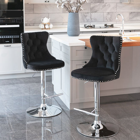 Modern Velvet Bar Stools with Adjustable Height and Chrome Base - Set of 2
