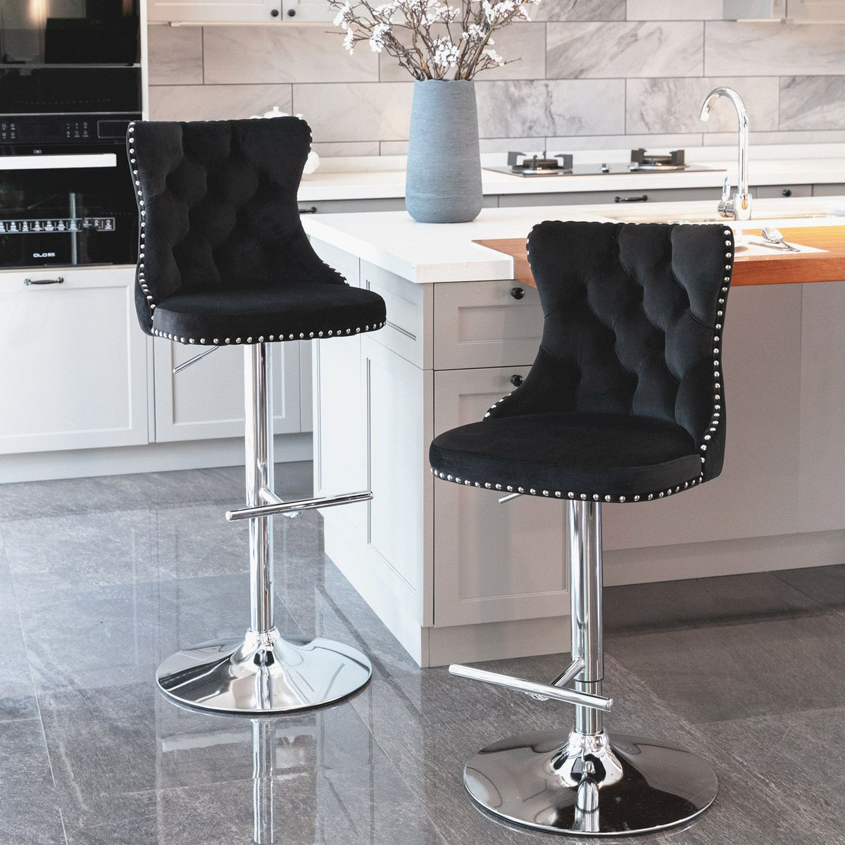 Modern Velvet Bar Stools with Adjustable Height and Chrome Base - Set of 2