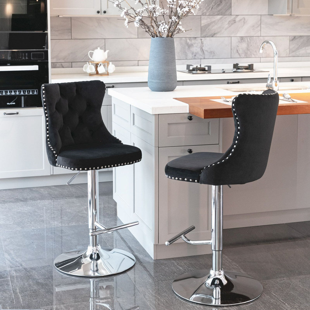 Modern Velvet Bar Stools with Adjustable Height and Chrome Base - Set of 2