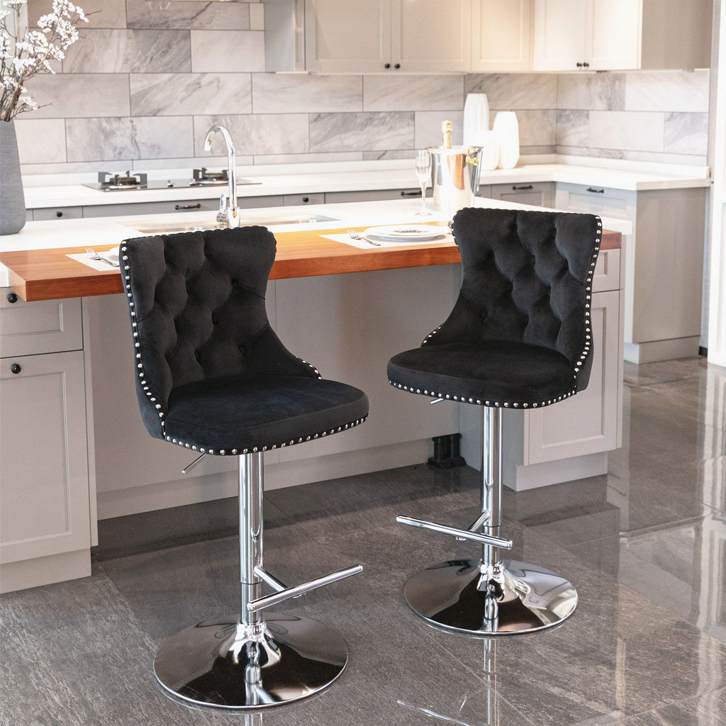 Modern Velvet Bar Stools with Adjustable Height and Chrome Base - Set of 2