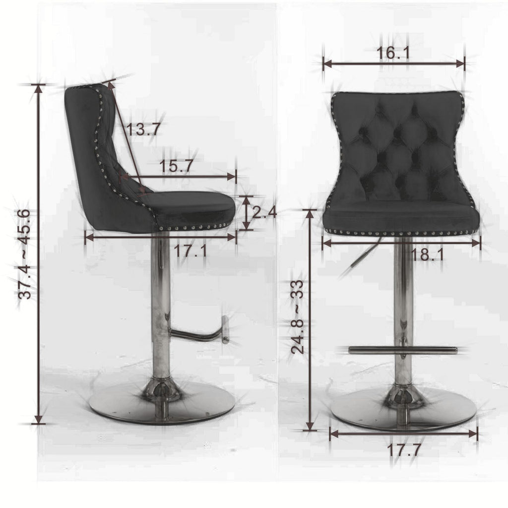 Modern Velvet Bar Stools with Adjustable Height and Chrome Base - Set of 2