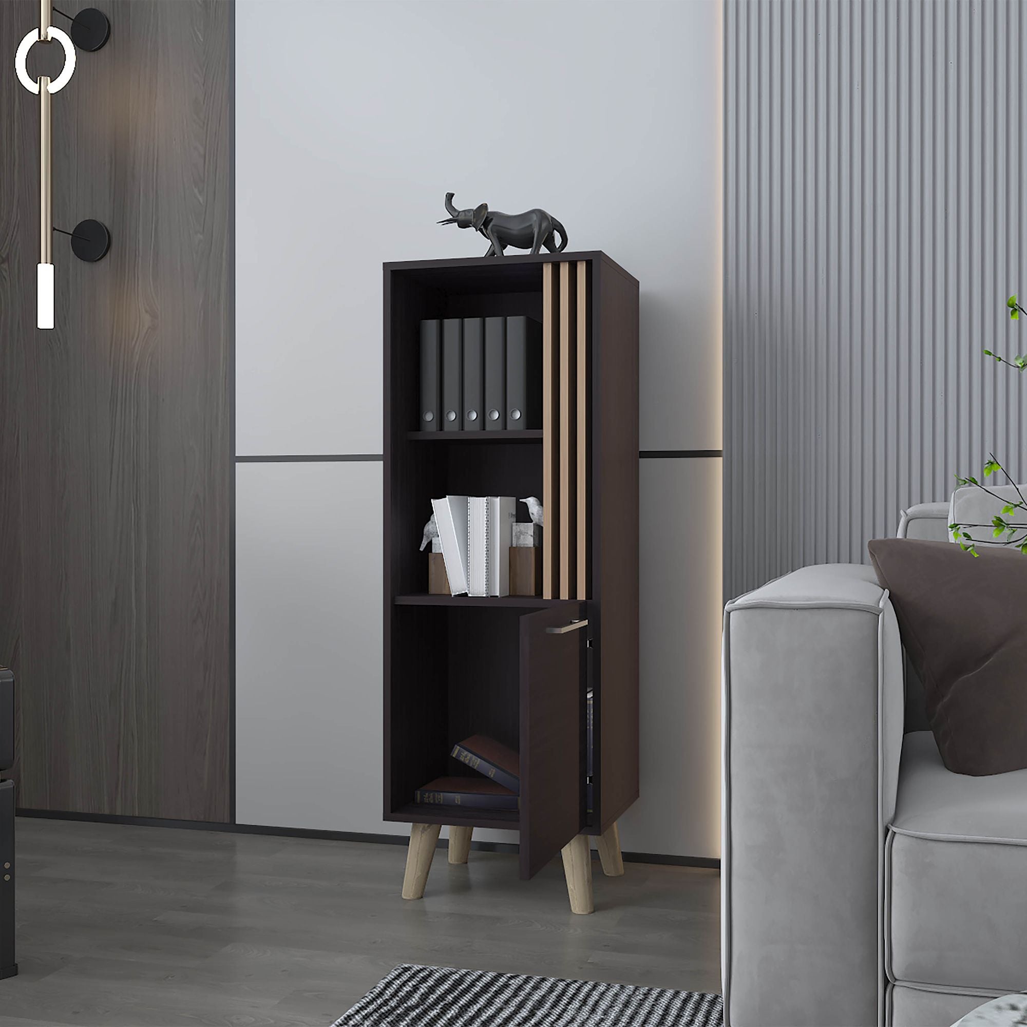 Sleek Storage Cabinet with Open Shelves and Concealed Compartment