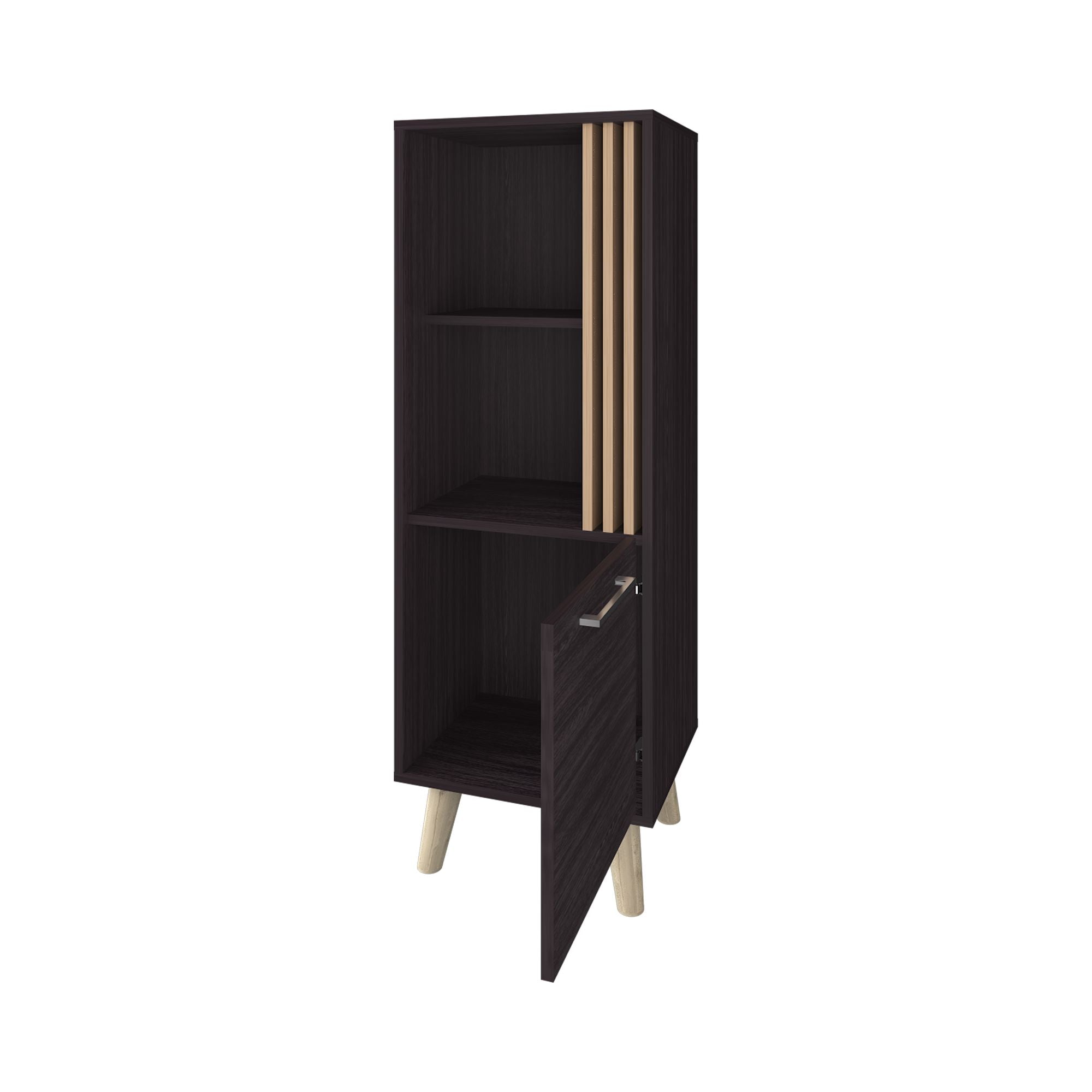 Sleek Storage Cabinet with Open Shelves and Concealed Compartment