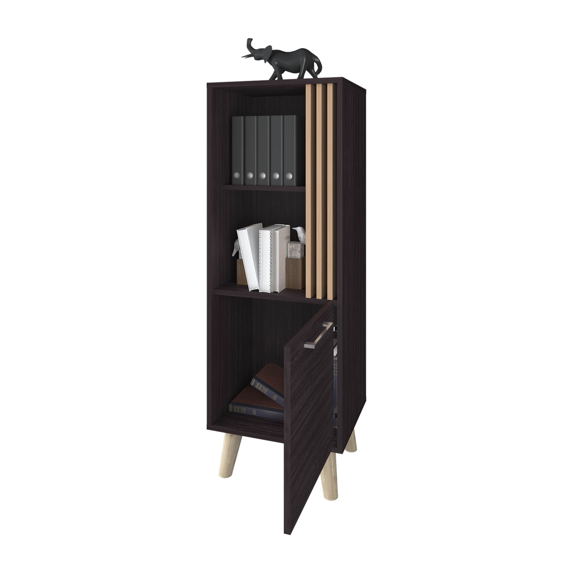 Sleek Storage Cabinet with Open Shelves and Concealed Compartment