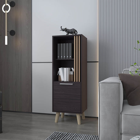 Sleek Storage Cabinet with Open Shelves and Concealed Compartment