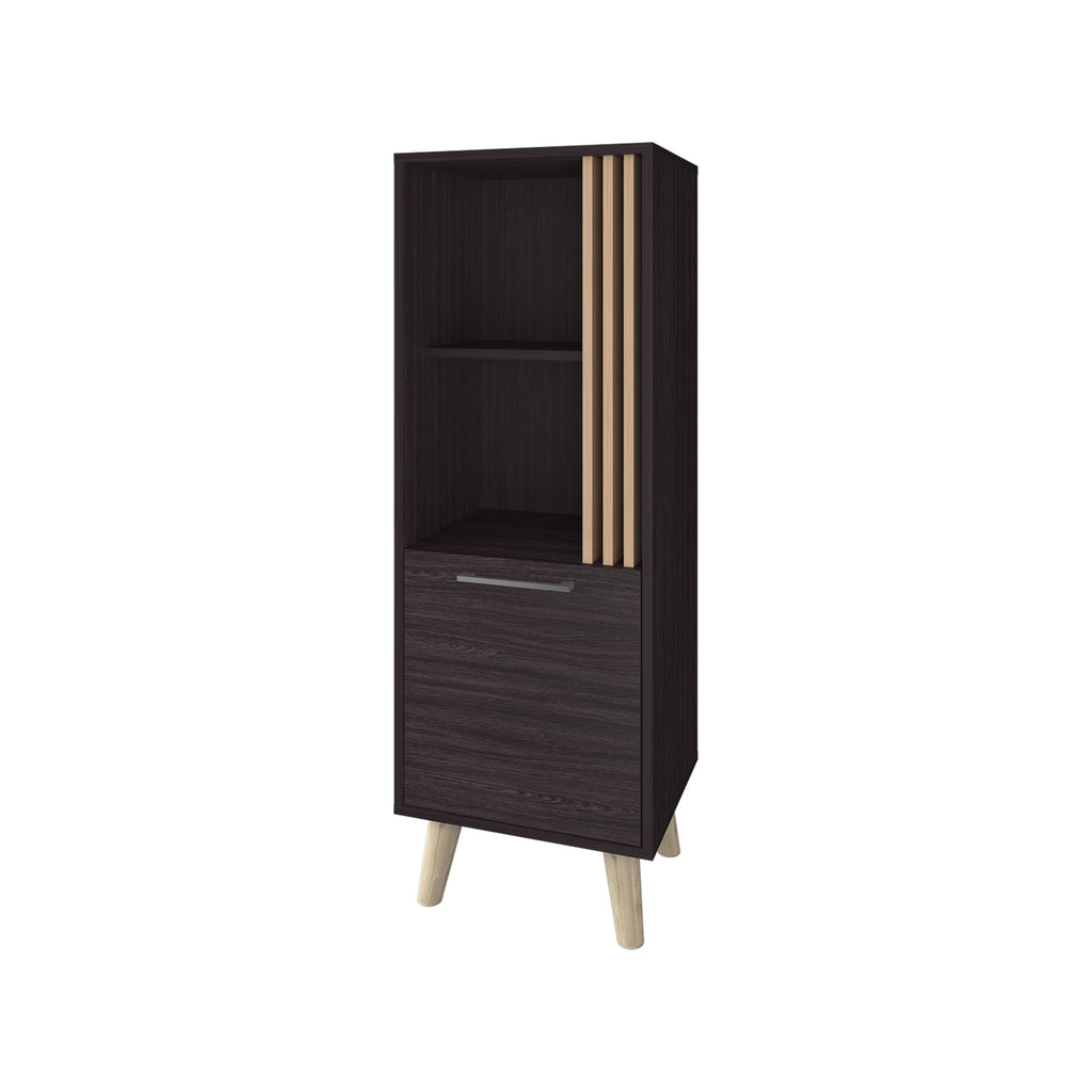 Sleek Storage Cabinet with Open Shelves and Concealed Compartment
