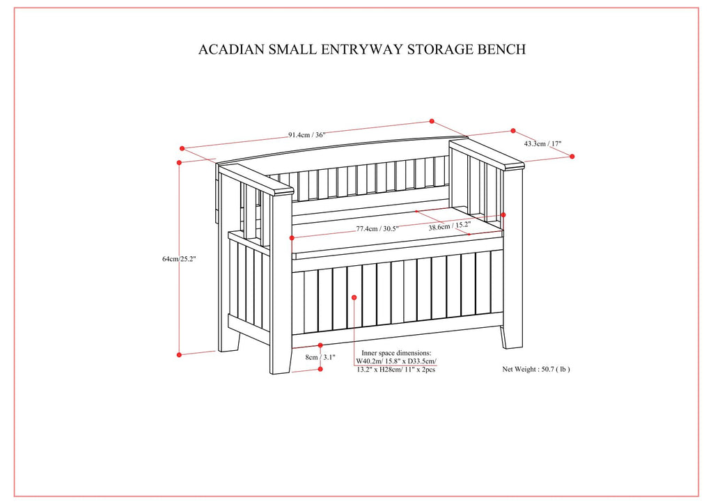 Acadian Solid Wood Small Entryway Storage Bench in Brunette Brown