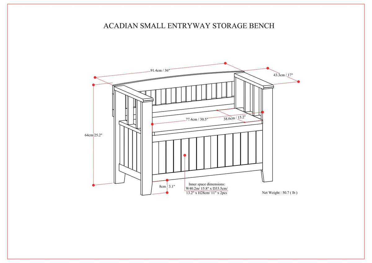 Acadian Solid Wood Small Entryway Storage Bench in Brunette Brown