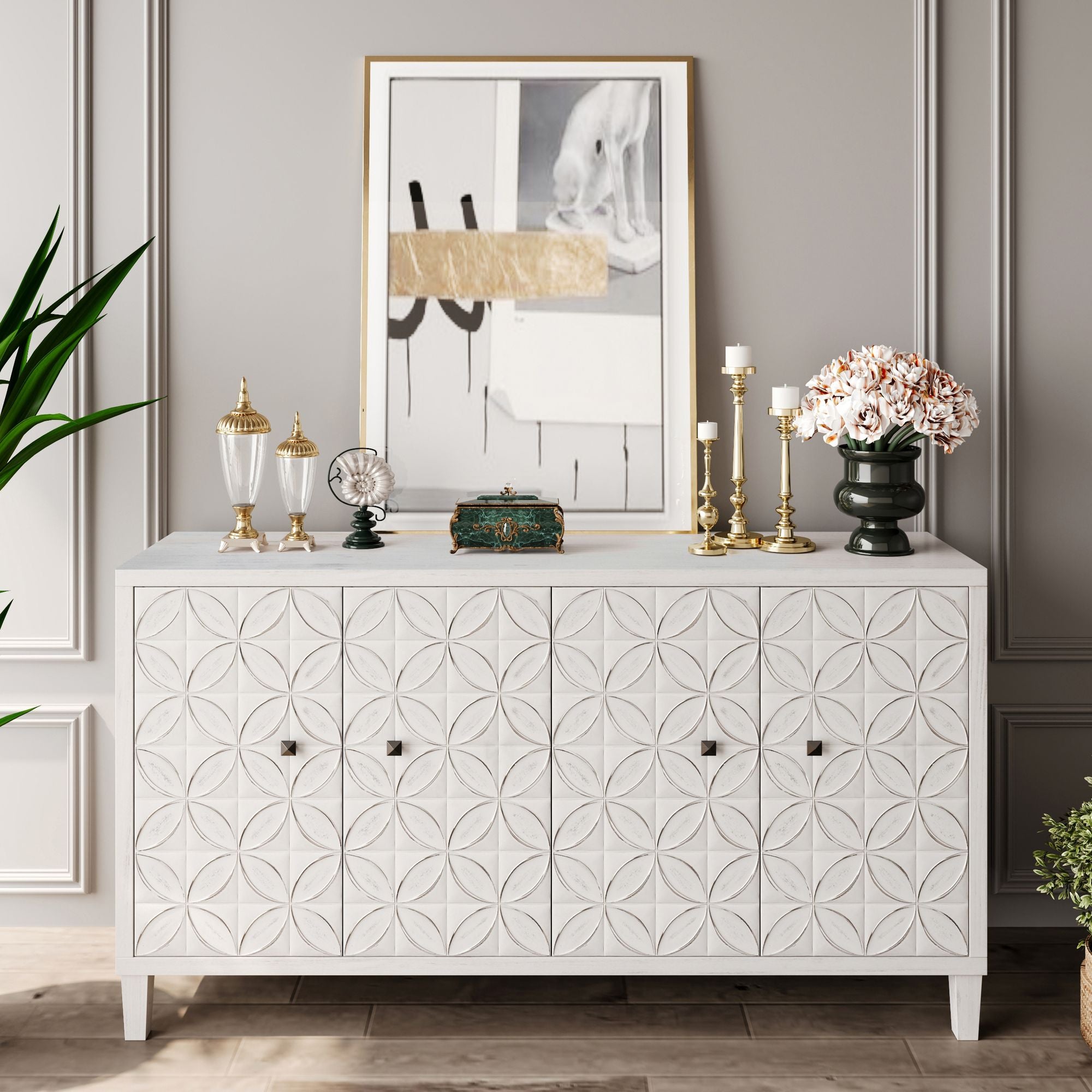 4-Door Wooden Accent Cabinet with Shabby Chic White Wash Finish