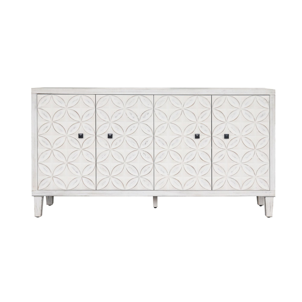 4-Door Wooden Accent Cabinet with Shabby Chic White Wash Finish